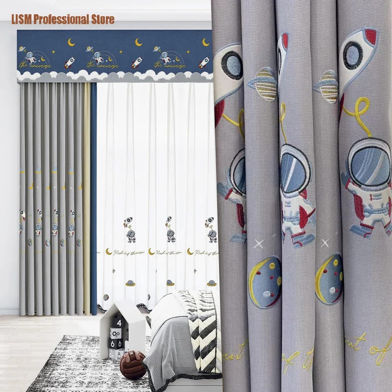 

Children's room Astronaut and Spaceship Embroidered Curtains for Living Room Cartoon Planet Galaxy Blackout Bay Window Tulle