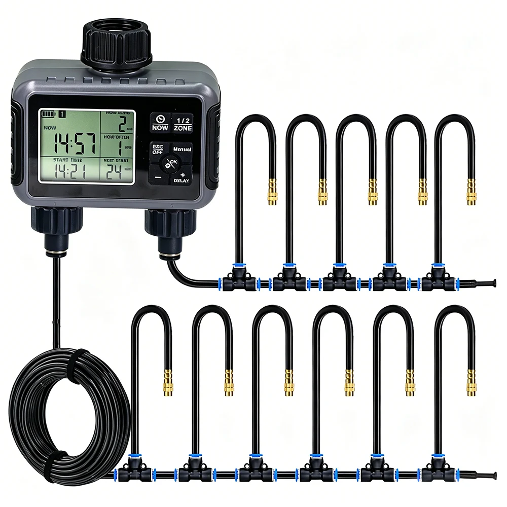Garden Dual Outlets Timer Misting Cooling Automatic Irrigation Kit for Patio Plants 20cm Bendable Nozzle Sprayer Watering System