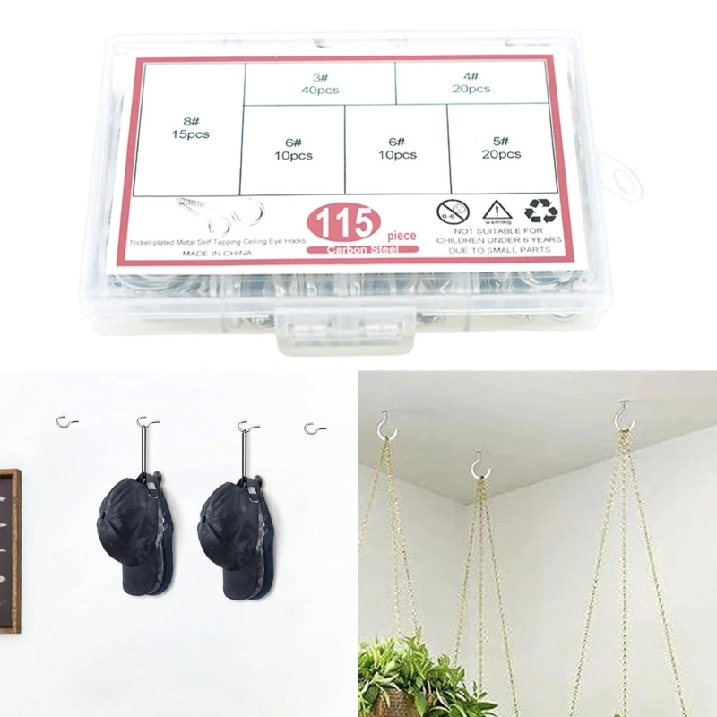 Assorted Sizes Screw Hooks Metal Ceiling Hook Stainless Steel Cup Hooks Set for Home and Office Organization 115pcs