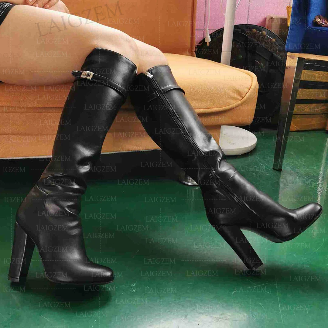 BERZIMER Women Knee High Heels Boots Round Toe Chunky High Heels Side Zip Boots Faux Leather Ladies Shoes Woman Red Size 45 52