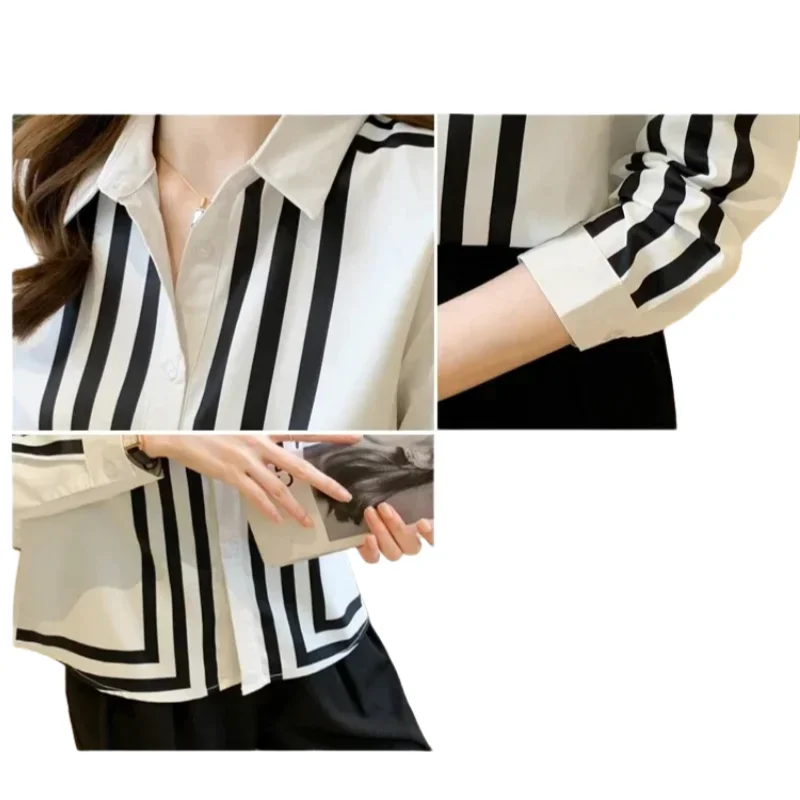 Chiffon Women\'s Shirts Summer Long Sleeve Soft Comfortable New Casual Korea Fashion Lapel Stripe Single-breasted Elegant Blouses