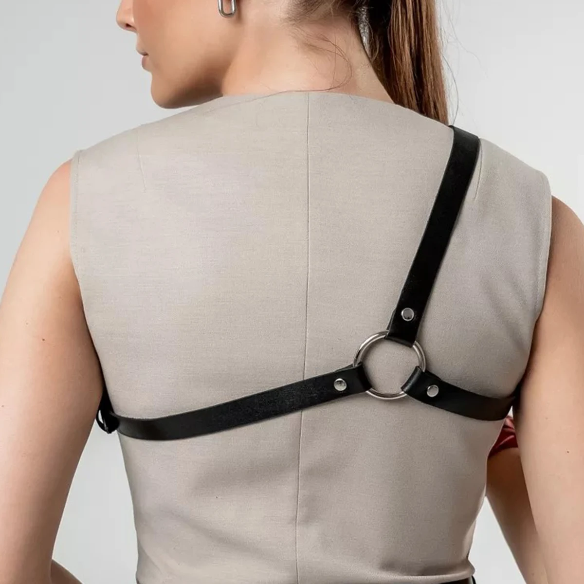 Single Strap Big O Ring PU Shoulder Chest Harness, Punk Layering Accessory For Sleeveless Vest Daily Outfit Matching
