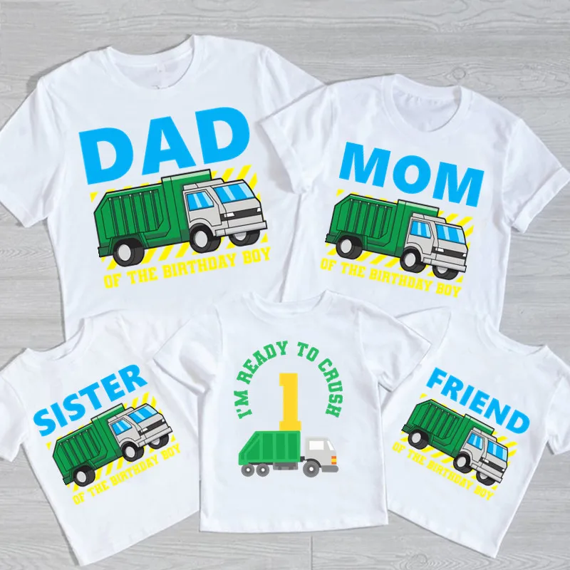 

Family Matching Garbage Truck Birthday Number T Shirts Boy Party T-Shirt Kids Car Tops Clothes Print Child Short Sleeve Tee