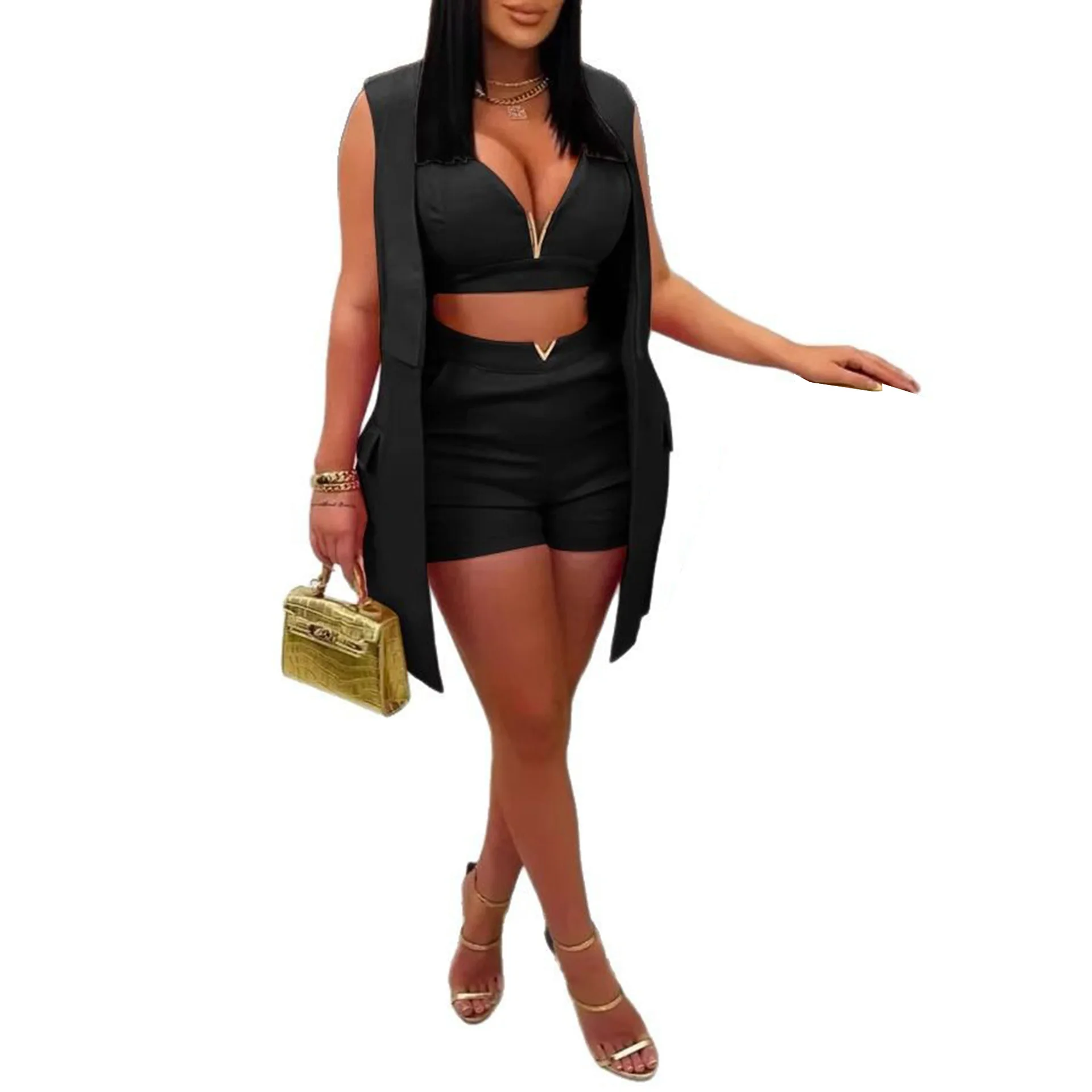 Ensemble trois pièces court pour femmes, Cardigan solide, Blazer, short, costume sans manches, col en V, épissure élégante, bureau, été