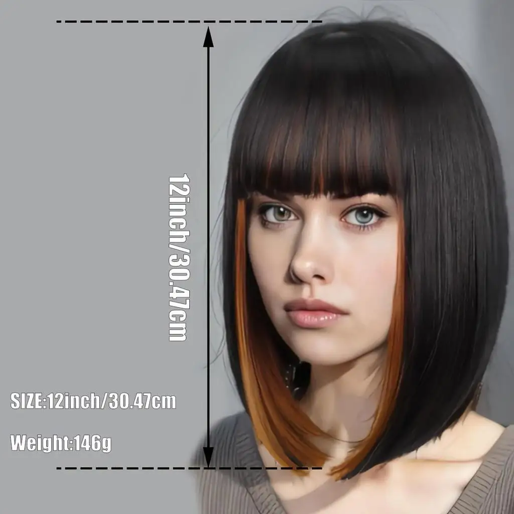 

Short Bob Wigs With Bangs - 12 Inch Black Mix Brown Yaki Straight Hair Daily Costume Wig For Black Women, Soft Light Synthetic H