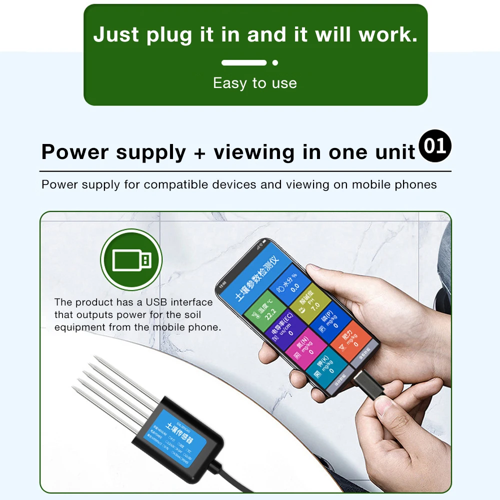 

USB Type-C датчик для измерения температуры, влажности, EC, NPK, pH почвы с мониторингом через мобильное приложение для сельского хозяйства и фермерских хозяйств.