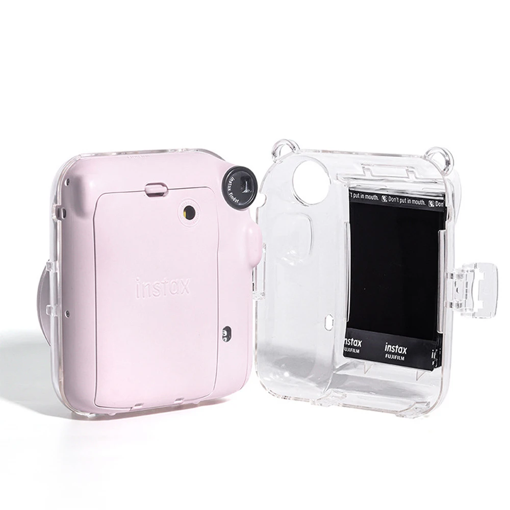 Funda de plástico transparente para cámara Fujifilm Instax Mini 12, funda protectora para cámara, bolsa para fotos, Correa y pegatinas
