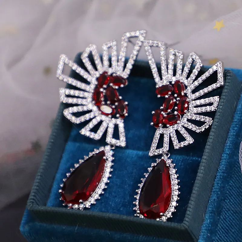 Classic Zircon Colorful Ethnic Fan-Shaped Earrings for women banquet wedding party ear jewelry