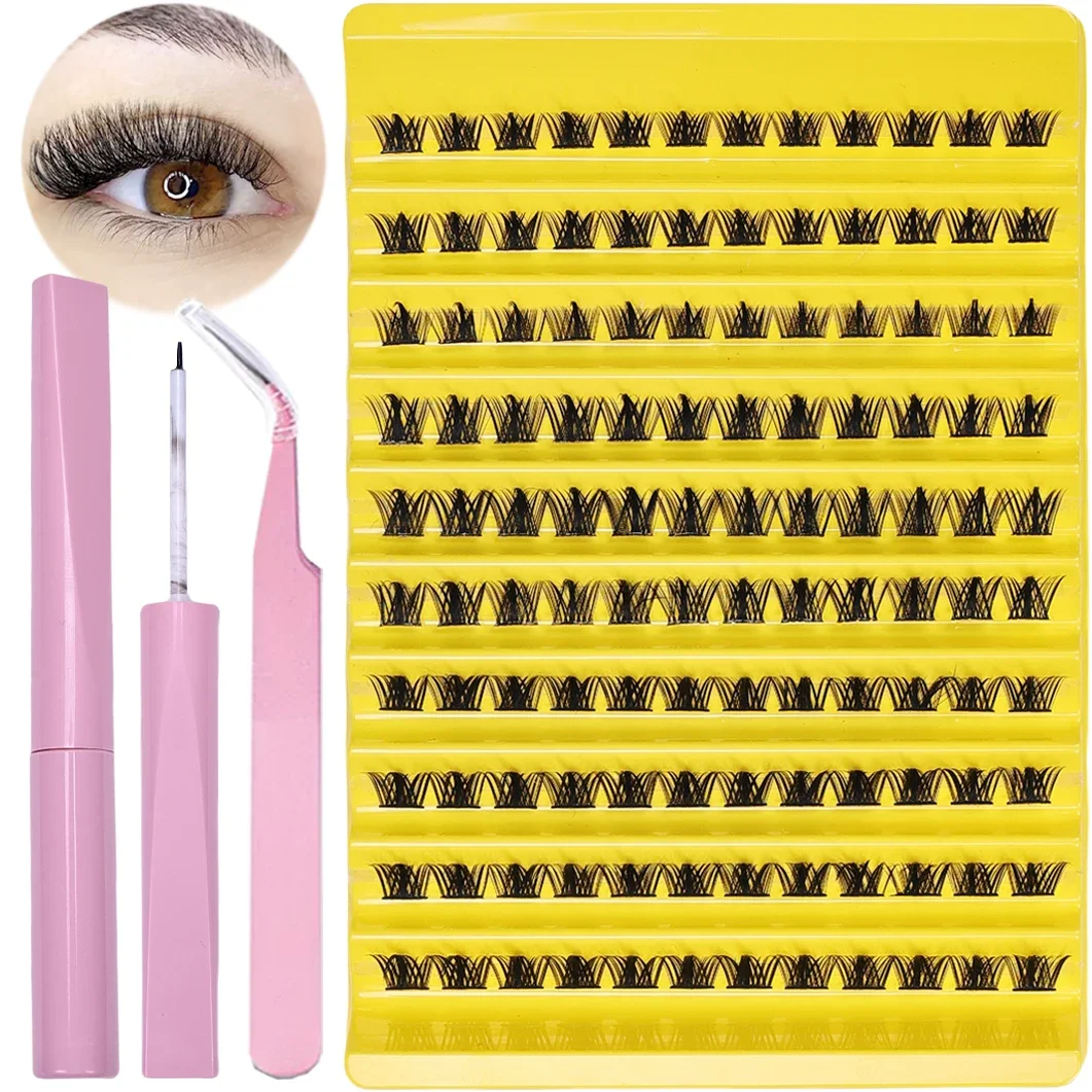 Eyelashes Extension Kit with Mixed Length Clusters and Eyelash Tweezers and Eyelash Adhesive and Sealant for use at home