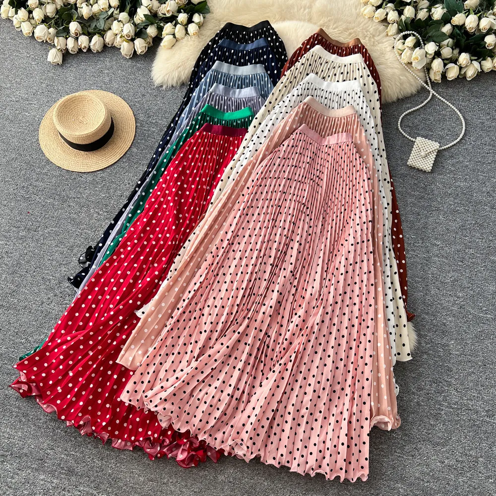Korean Style Polka Dot Print Pleated A-line Long Skirts Women 2026 Spring Summer High Waist Casual Skirt