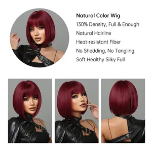 Vinho curto vermelho Bob perucas para mulheres Borgonha Bob perucas com Franja grossa peruca sintética resistente ao calor 10 principais vendas wig com franja vermelha - №6