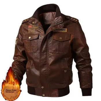 Men's PU leather jacket, fashionable thick wool windproof coat for autumn and winter men's embroidered youth baseball jacket 2