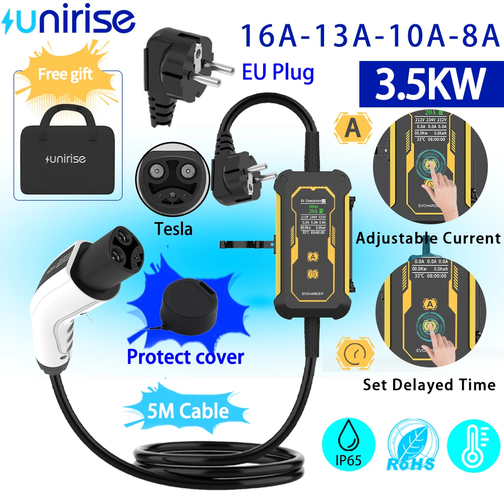 شاحن سيارات كهربائية محمول 16A 3.5kW NACS شاحن مع مجموعة تأخير الجدول الزمني محطة شحن الاتحاد الأوروبي التوصيل 5 متر كابل للسيارات الكهربائية تسلا