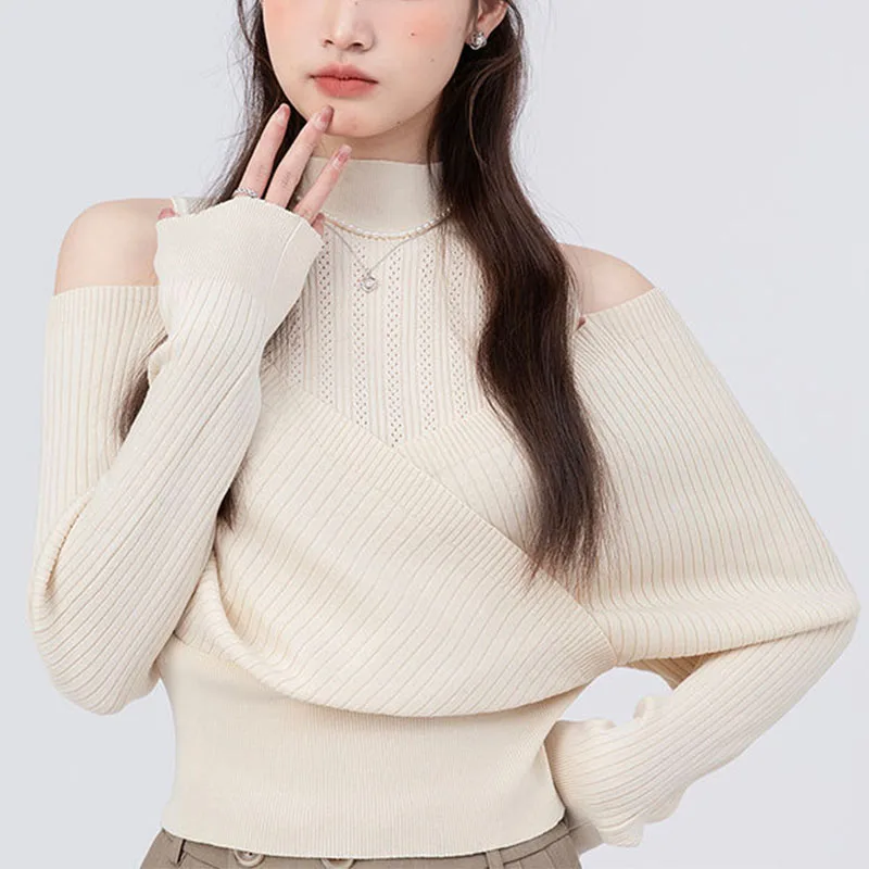French Style Autumn New Women Sweater Fashion Sweaters Mock Neck Off Shoulder Patchwork Loose Long Sleeve Pullovers Knitted Tops
