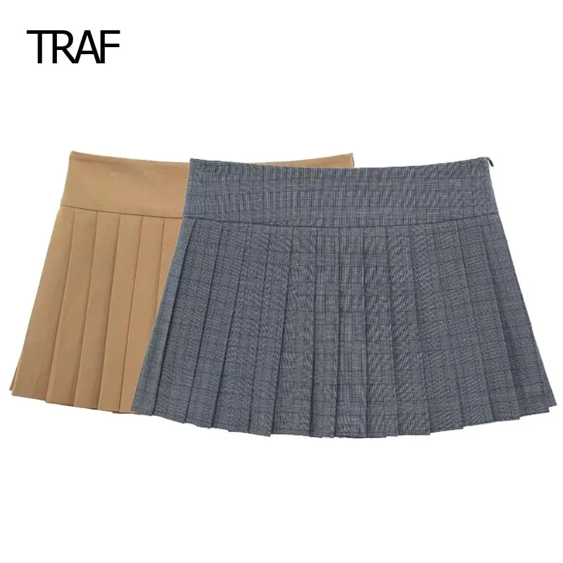 

TRAF Mini Pleated Skirt Women's Skirt Short Spring Summer 2024 Mid Waist Side Zipper Skirt Korean Style Shorts Elegant Skirts