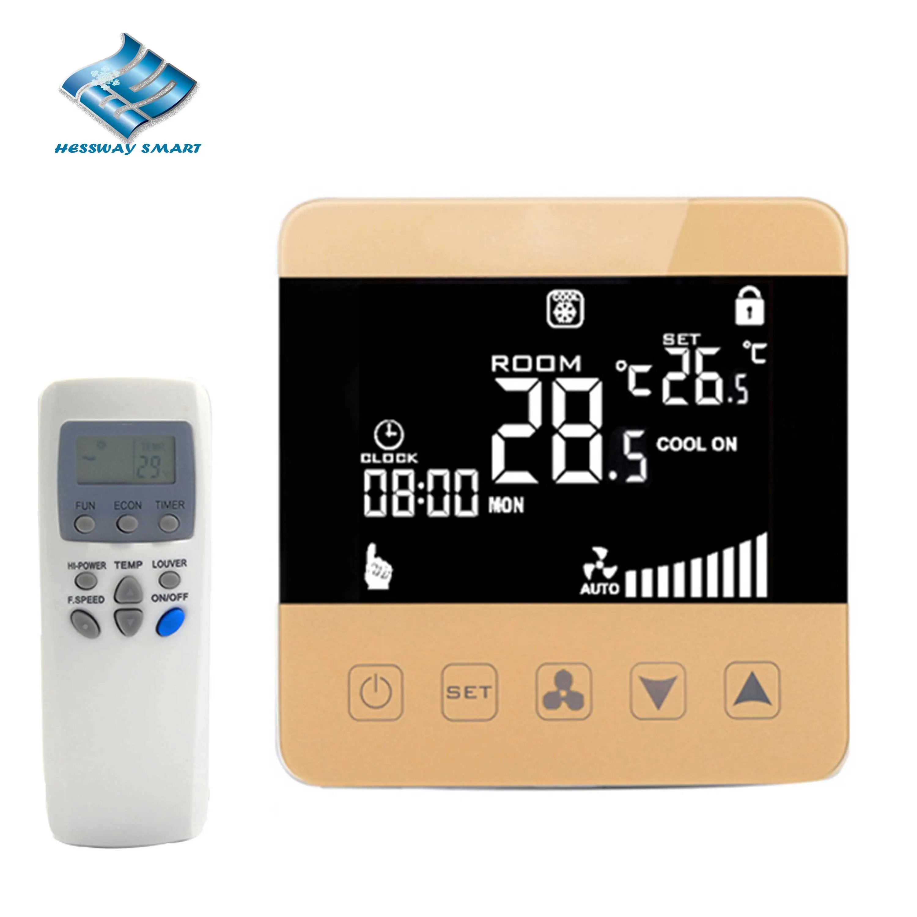 110-240V Infrared Remote Control Touch Fan Coil Room Thermostat with 3-Speed 4P 2P Heating Cooling 7days 4 Period Program