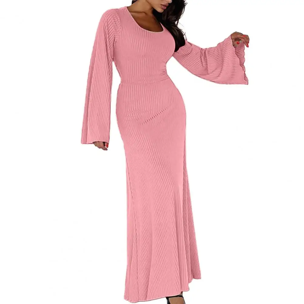 

Ribbed Knitted Long Flare Sleeve Maxi Dress Solid Back Lace-Up Elegant High Waist Dresses 2023 Women Autumn New Fashion Robes