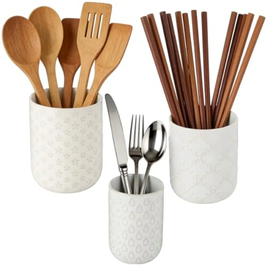 

3 Pcs Ceramic Utensil Holder Set, White Embossed Kitchen Utensil Crock, 3 Different Sizes Large Capacity Countertop Organizer f