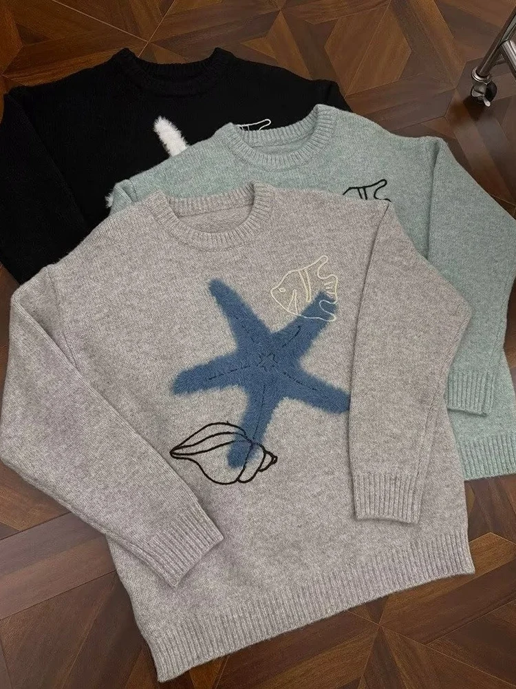 

Корейский теплый свободный свитер с круглым вырезом для женщин, осенне-зимний, удобный, мягкий, вязаный, с узором в виде звезд, парный свитер