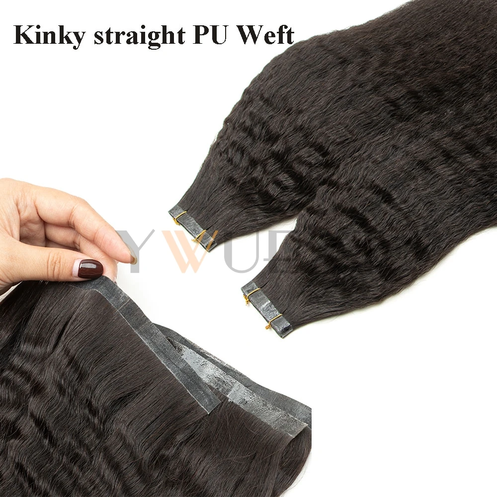 

PU Weft Tape Hair Extensions Kinky Straight 12''-30'' Natural Black Human Hair Bundles No Glue on Seamless Hair 80cm 40-50g
