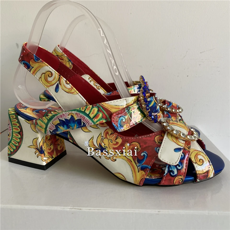 Exotic Style Print Flower Patent Leather Sandals Women Chunky Heel Open Toe Crystal Rhinestone Buckle Strappy Summer Shoes