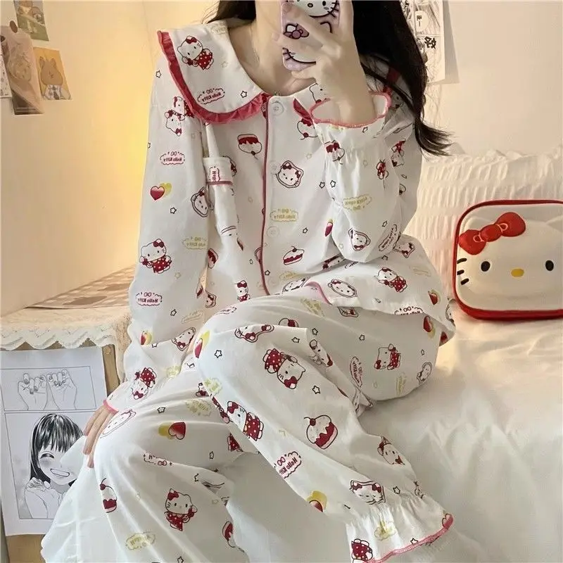 Anime Sanrioed Hello Kittys Pajamas Set Women\'s Clothing Kawaii Cartoon Kuromi Long Sleeves Student Home Wear Nightgown Suit