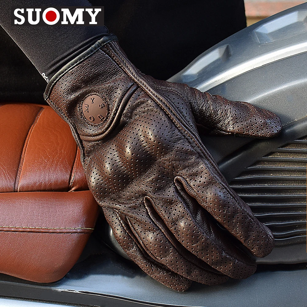 

SUOMY Men's Retro Perforated Goat Leather Motorcycle Gloves Classic Black Touchscreen Scooter Riding Classic Motorbike Gloves