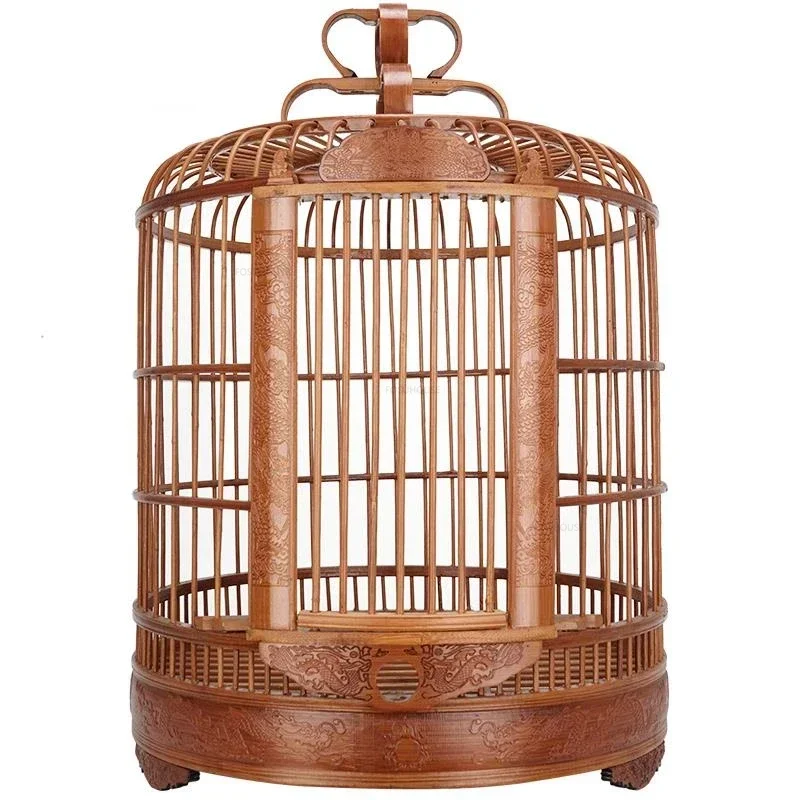 

Luxury Carved Bird Cages Household Retro Large Bamboo Cage Round Portable Parrot Bird House for Chinese Accessories