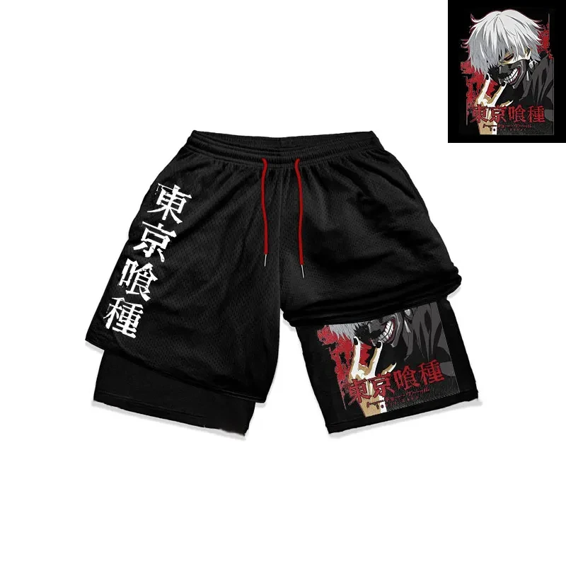 Pantalones cortos de Anime Tokyo Ghoul para hombre, ropa deportiva 2 en 1 de secado rápido para entrenamiento, deporte, Fitness, color negro