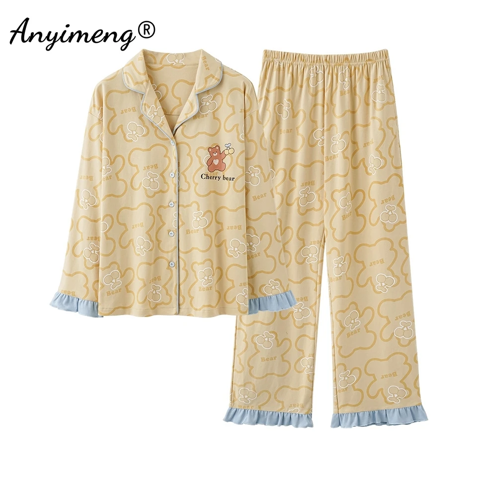 Turn-down Collor Faux Cotton Autumn Spring New Women Pajamas Set Long Sleeves Sleepwear Leisure Pijama Lady Casual Homesuits