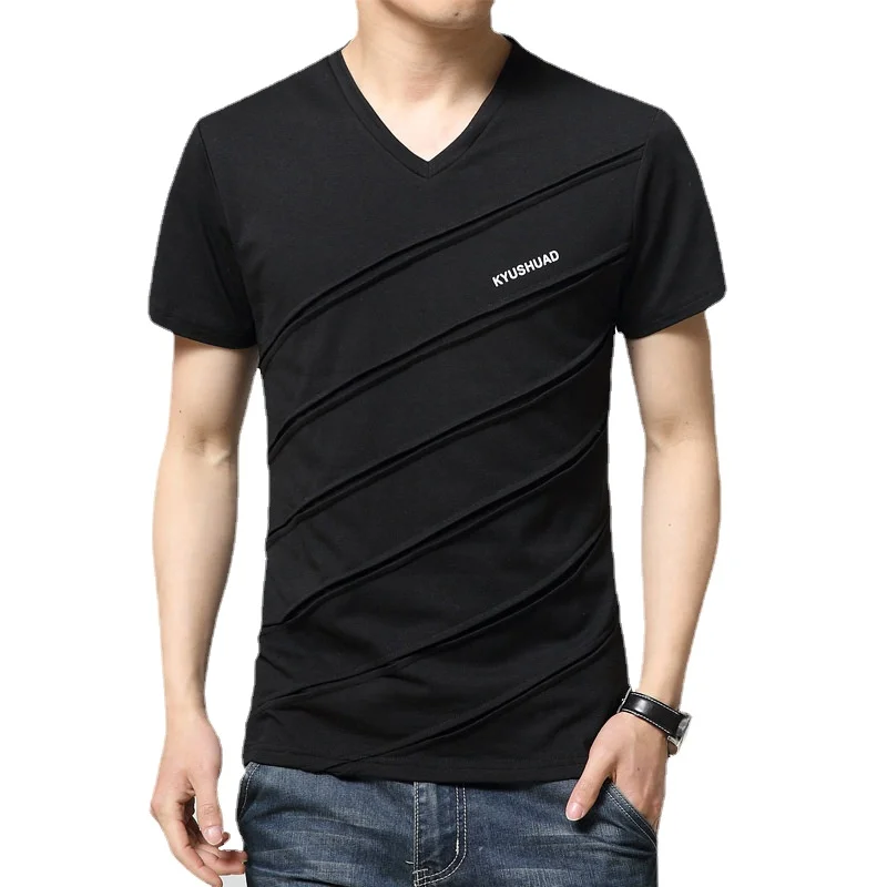 Męska koszulka na lato 2026 z naszywkami, jednolita, z krótkim rękawem, z dekoltem w serek, casualowa, slim fit, t-shirt męski.