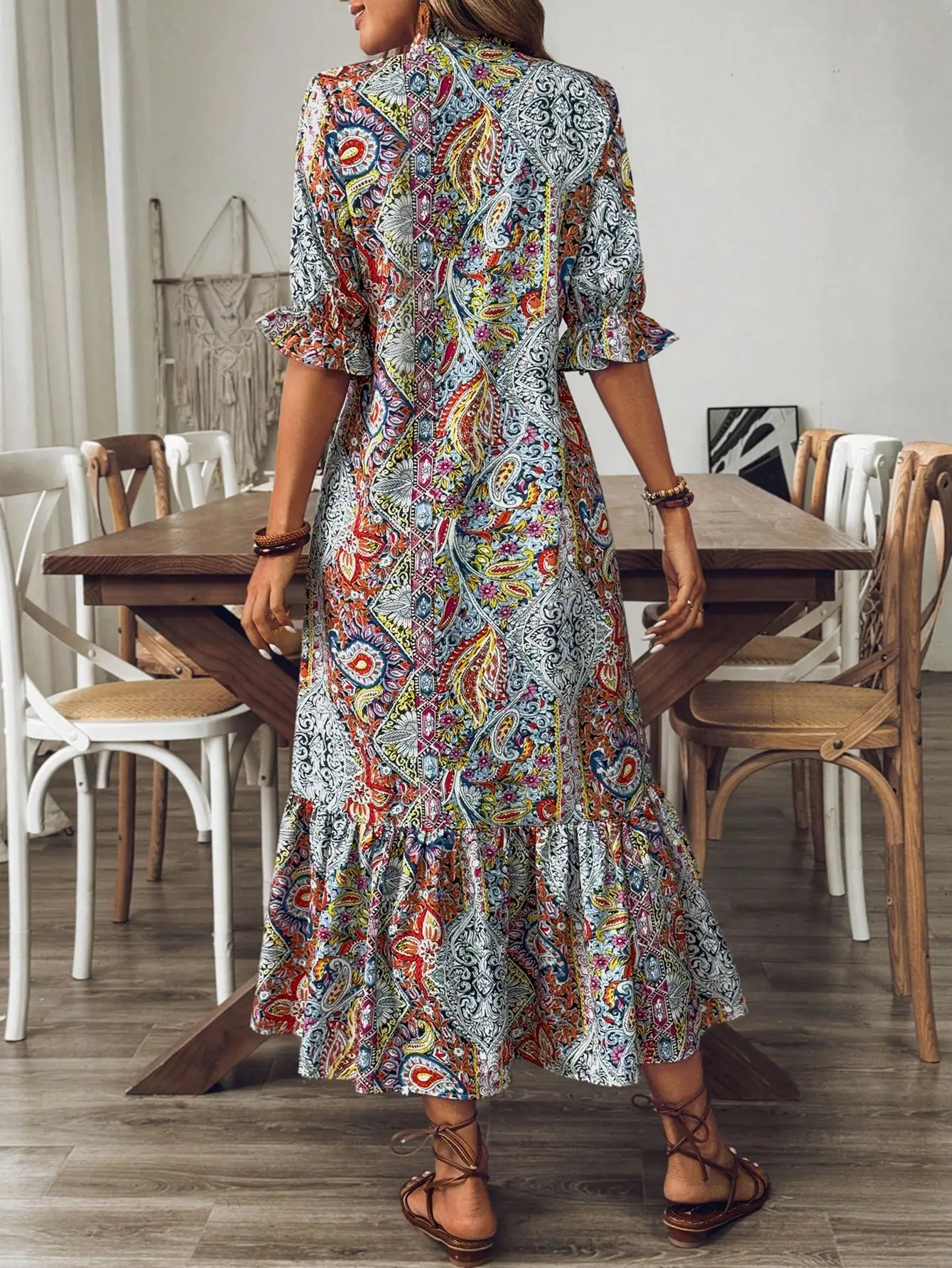 BWQ レディース ボヘミアンスタイル プリント ミッドスリーブドレス、レディース ボホ フリンジ、ラッフルヘム ハーフスリーブ タイネック ルーズ ロング マルチカラー