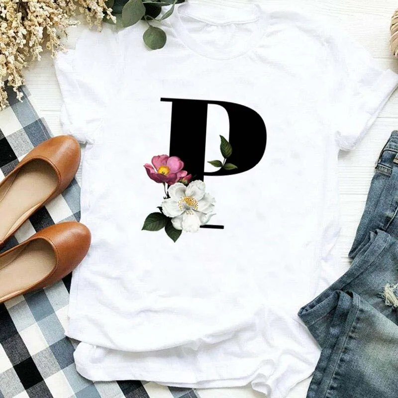 Custom Name Letter Combination Women\'s High Quality Print T-shirt Flower Letter Font A B C D E F G Short Sleeve  Female Tshirt