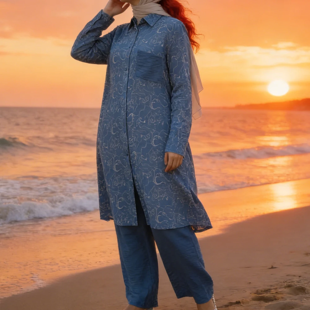 

2 Pieces Set Muslim Women Print Long Sleeve Blouse Shirt Wide Leg Pants Dubai Abaya Islam Clothing Turkey Outfits Tops Trousers