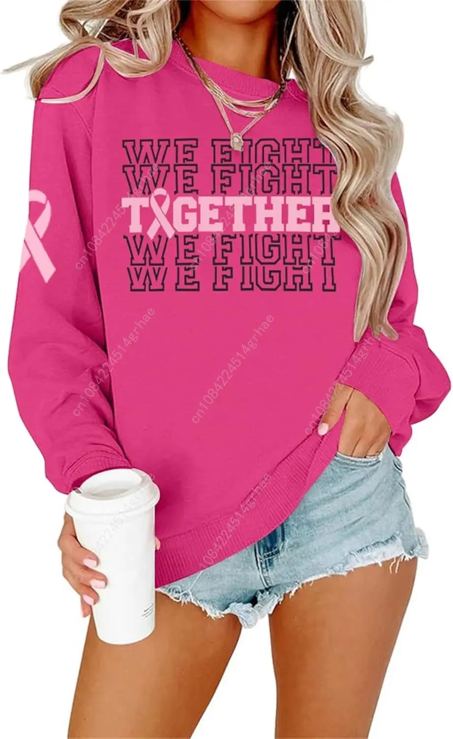 เสื้อสเวตเชิ้ตเพื่อการตระหนักรู้เรื่องมะเร็งเต้านม เสื้อสเวตเชิ้ตสีชมพูสำหรับผู้หญิง เราต่อสู้ไปด้วยกัน เสื้อยืดพูลโอเวอร์สำหรับผู้เอาชีวิตรอดจากมะเร็งเต้านม