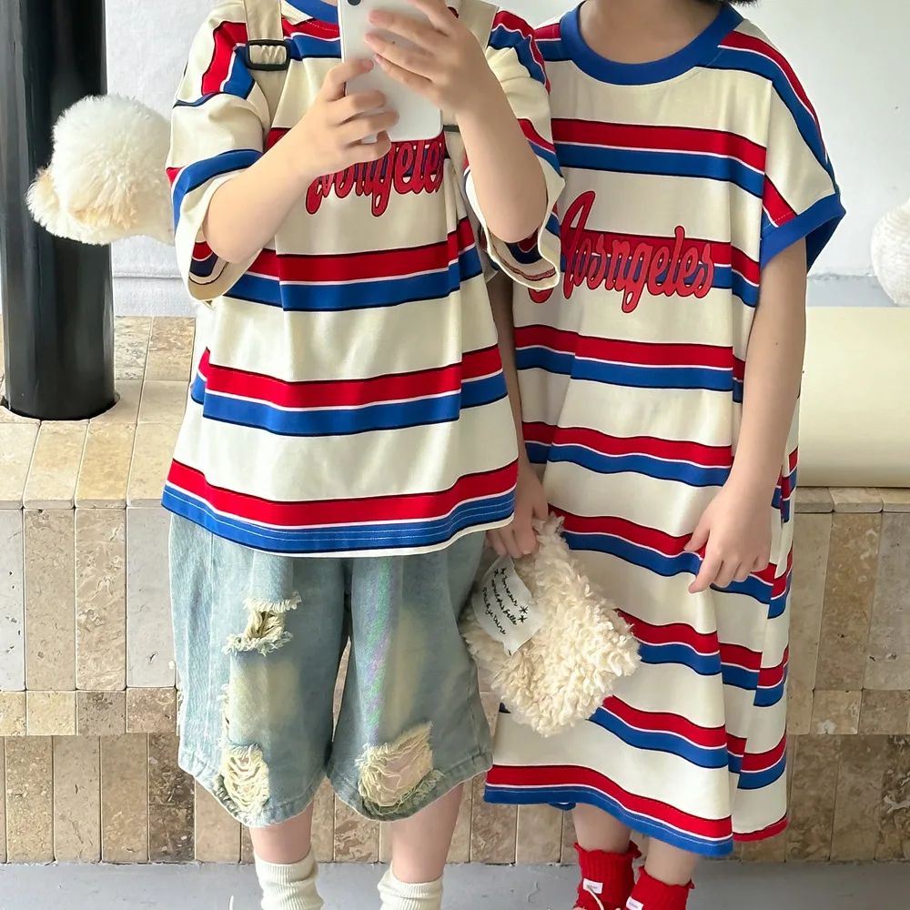 Brother and Sister Matching Clothes Korean Fashion Baby Girls Dresses Toddler Boys Kids Striped T Shirts Children Twins Clothing