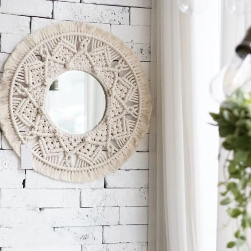 L191 Macrame Make-Up Opknoping Wandspiegel Handgemaakt Tapijt Franje Bohemia Decoratie U2jd