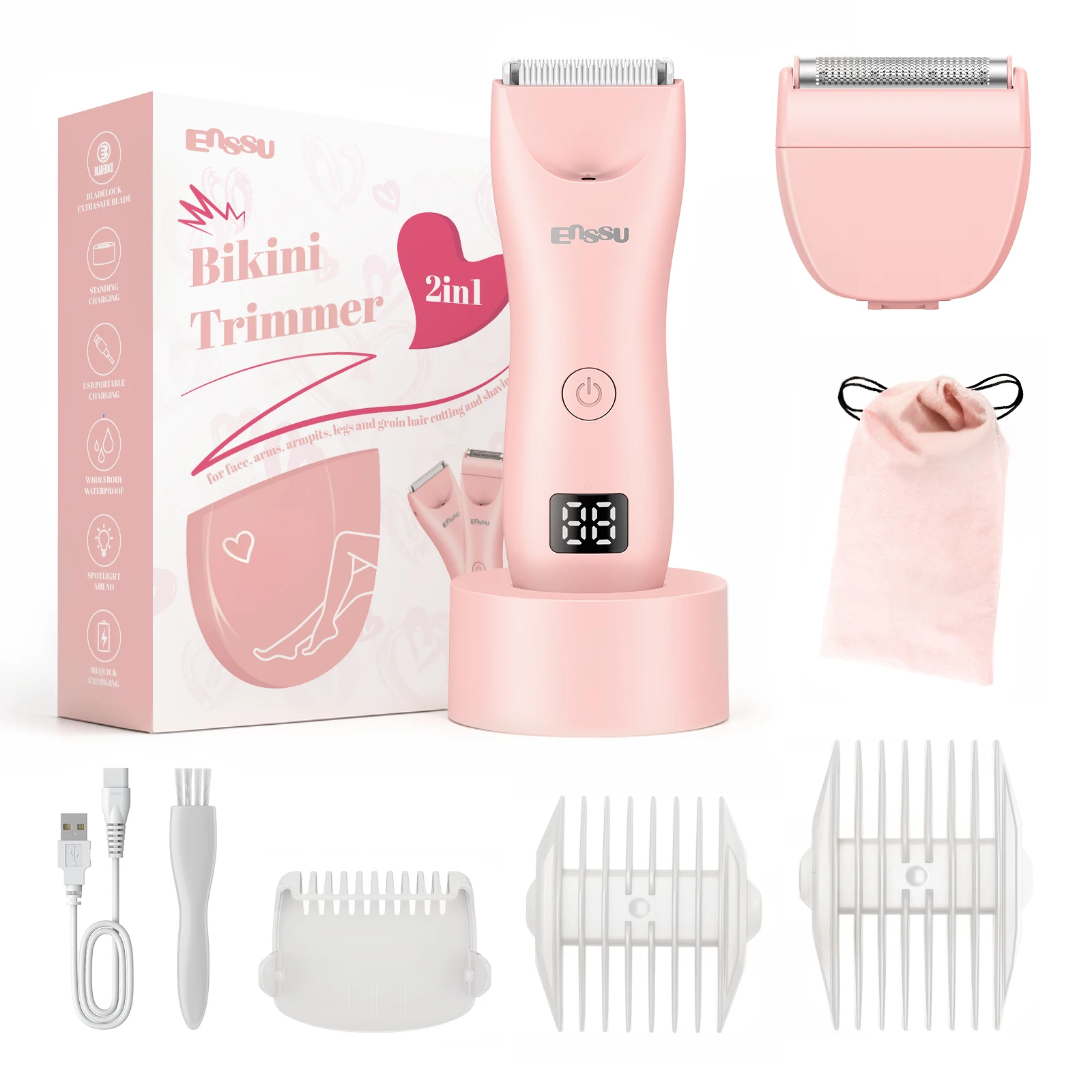 enssu-女性用ビキニ電動プッシュシアー-2-in-1-プライベートビキニエリア、脚、腕、脇の下用、防水電気シェーバー