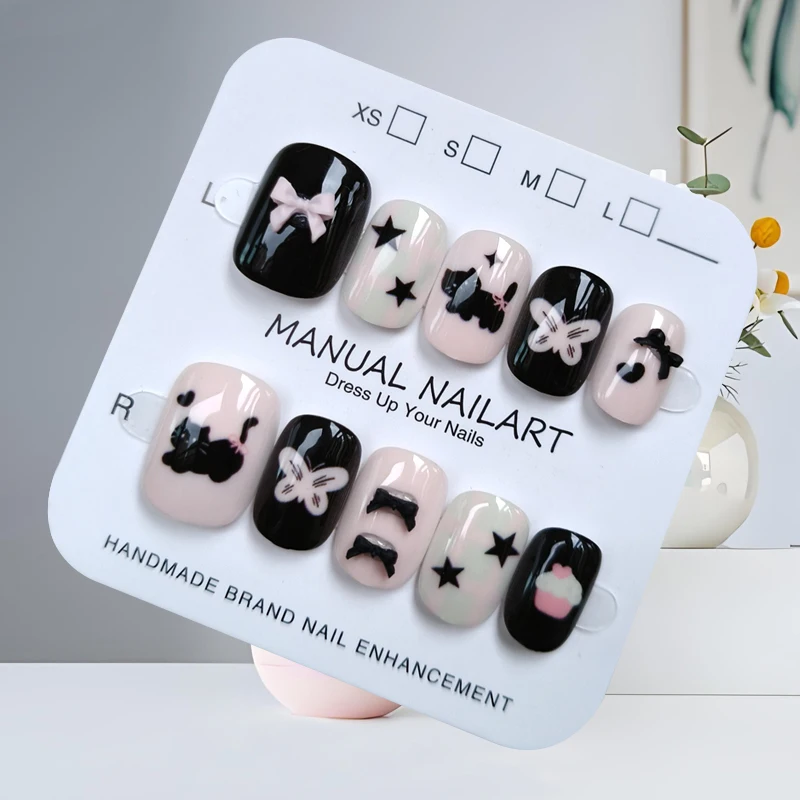 10Pcs Super Cute Cat with Bowknot Korean Style Girl's French Style Press on Nails Chic Pink Green Gradient Colored Guava Macaron
