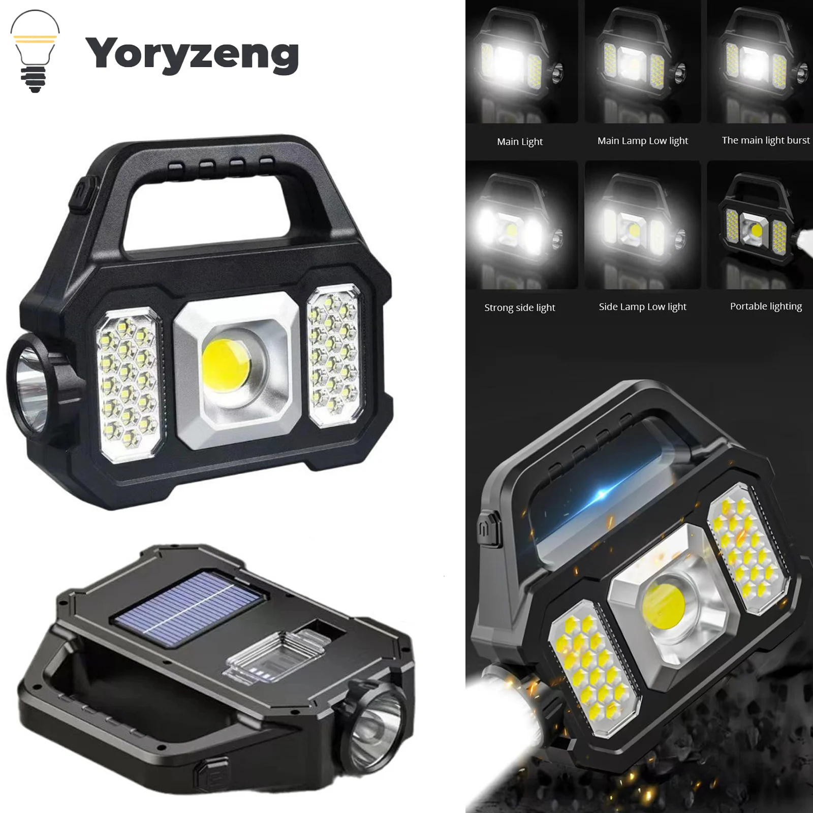 

50W LED Work Light COB SMD Handheld Flashlight Solar USB Rechargeable 6 Lighting Modes Outdoor Emergency Hight Power Lamp