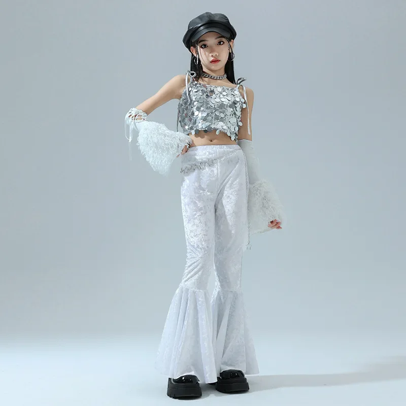 Girls Jazz Dance Performance Silver Glitter Vest Bell Bottom Pants Hip-hop Suit Street Dance Clothes Catwalk Show Costume