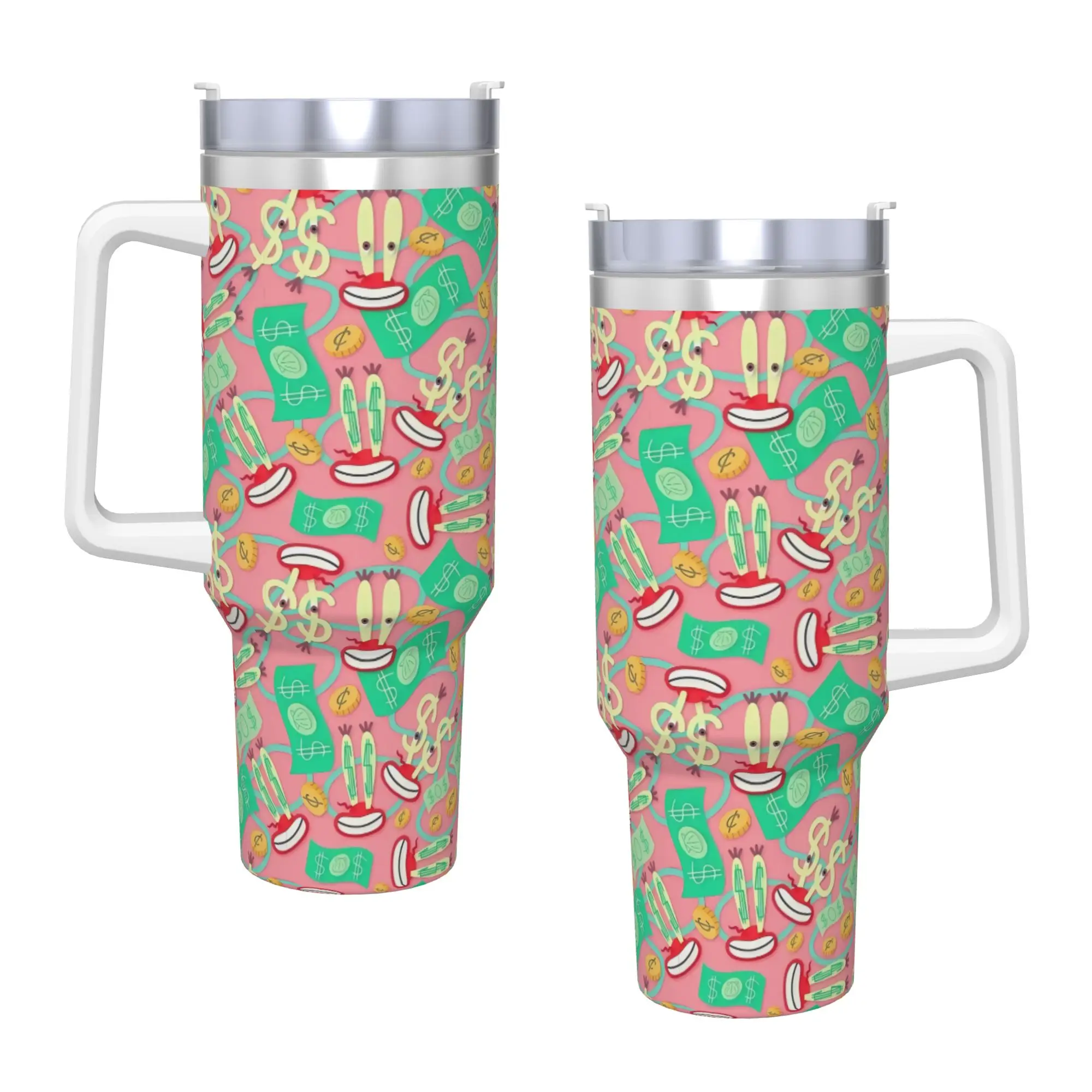 Stainless Steel Tumbler SpongeBobs Macaron Pastel Floral Car Mugs With Straws Cold Drink Water Bottle Large Capacity Coffee Mug