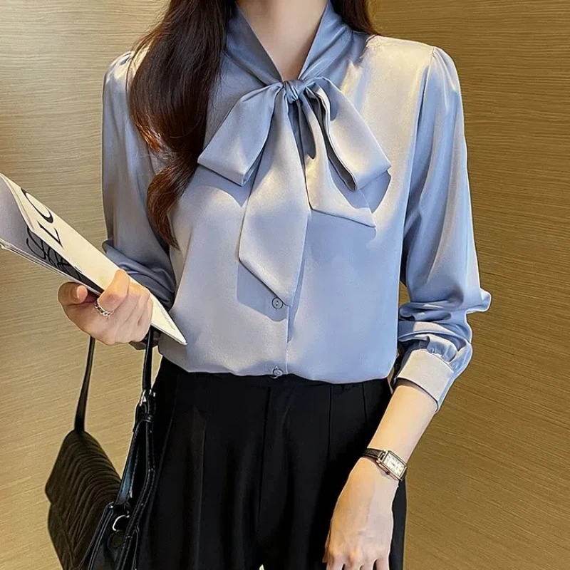 Korean Lacing Loose Solid Blouse Spring Autumn New Chiffon Long Sleeve All-match Elegant Shirt Tops Fashion Office Women Clothes