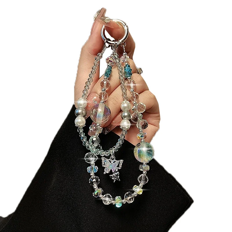 Y2k Luxury Butterfly Crystal Bead Mobile Phone Lanyard Wrist Strap Lady Hand-held Chain Short Anti-lost Cell Phone Key Pendant