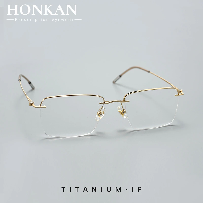 

Очки HONKAN: Ультралегкие деловые очки из чистого титана, тонкая полуоправа, элитная золотая квадратная оправа, премиум-класса, люкс
