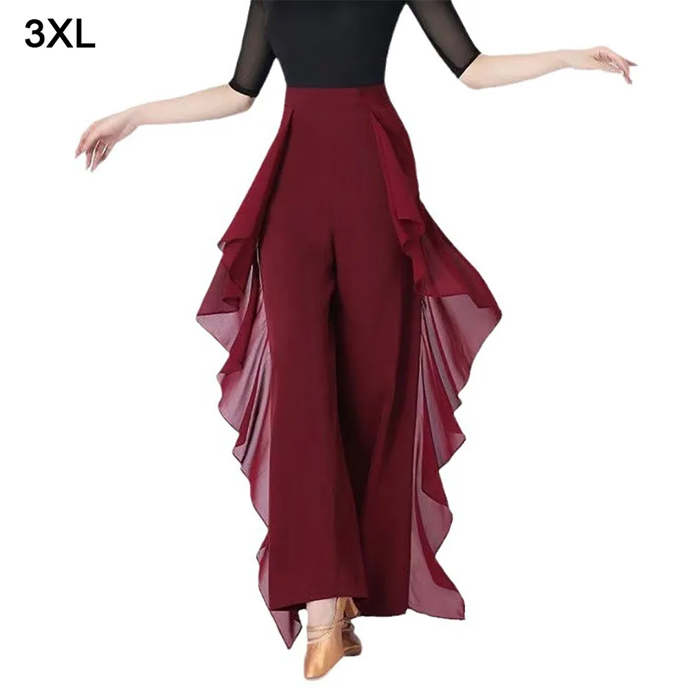 

Elastic Waist Dance Pants Pure Color High Waist Latin Dance Pants Chiffon Material Ruffles Design Modern Dance Pants