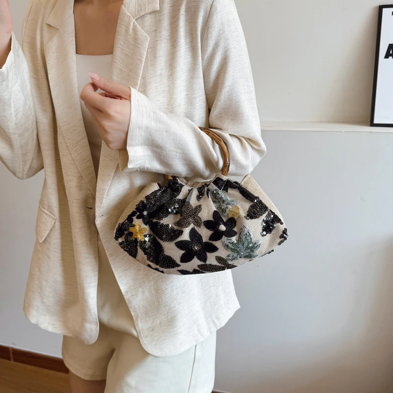 Bolsa de noite bordada com lantejoulas florais para mulheres, bolsa de mão plissada, vintage, vestido de convidado de casamento, festa
