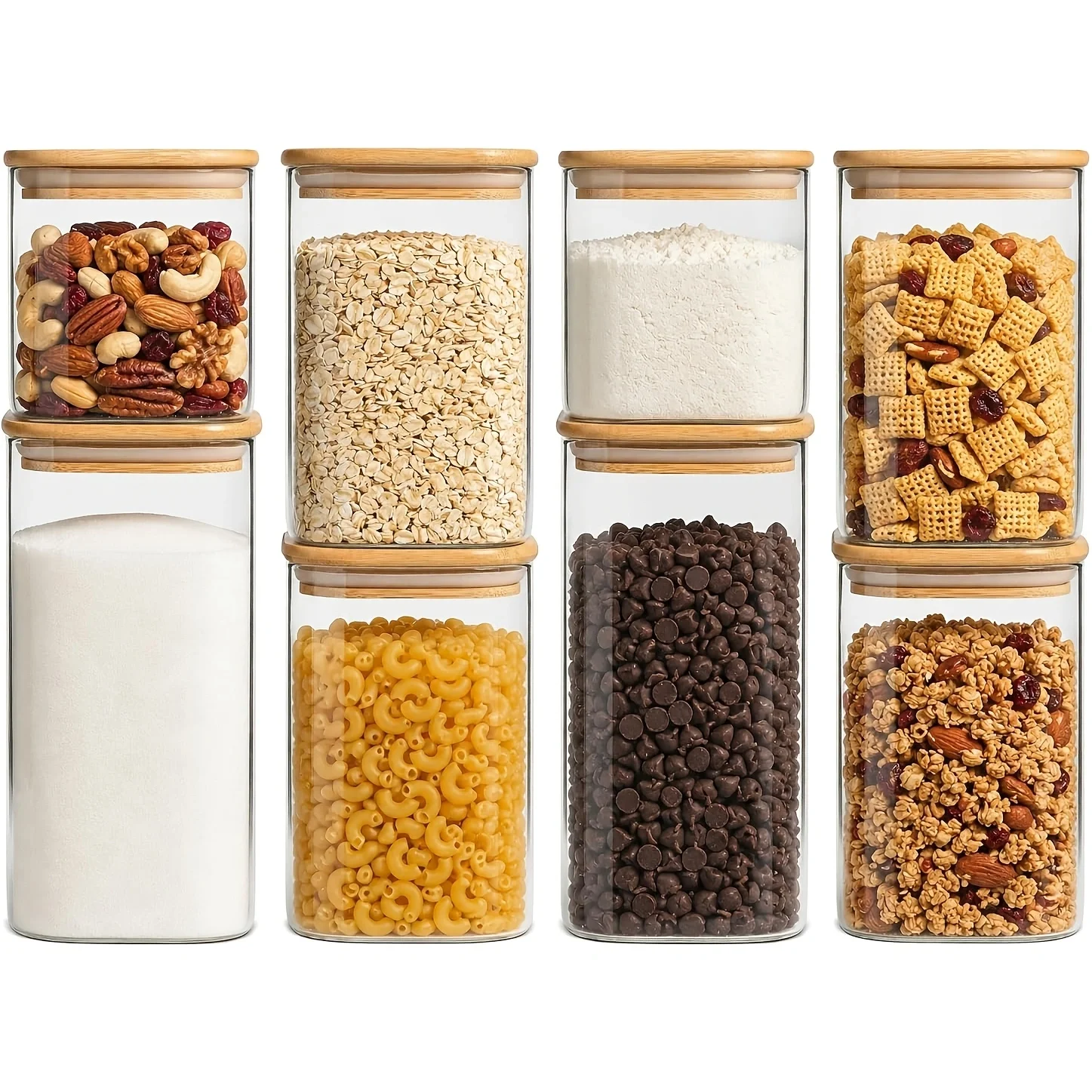 8 Pack-4 Multi Size - Rectangular Jars with Bamboo Lids, Food Storage Containers ,Pantry Storage for Cereal, Pasta, Rice, Spice