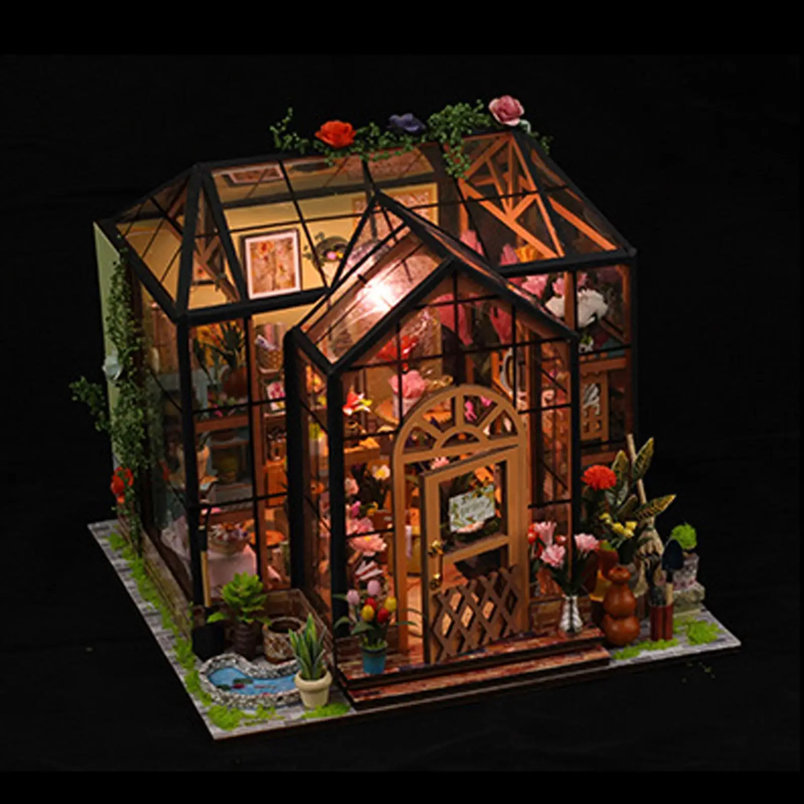 

Dollhouse Miniature Chic Gift Handmade Lights Accessories Green House Small House Set DIY Cottage for Adults Kids Teens Women