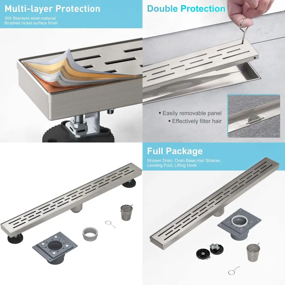 

28-дюймовый линейный душевой трап с основанием, сертифицированный CUPC, из нержавеющей стали 304, со съемной квадратной крышкой, сеткой для волос, регулируемыми ножками